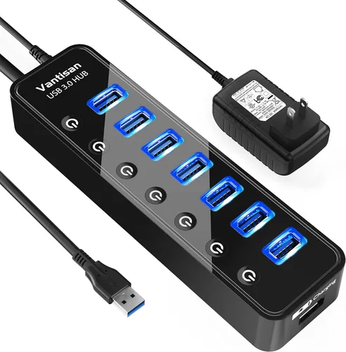 Vista 8 de vantisan Concentrador USB 3.0 alimentado, extensión divisor de concentrador USB de 11 puertos, 7 puertos de datos USB 3.0 + 4 puertos de carga
