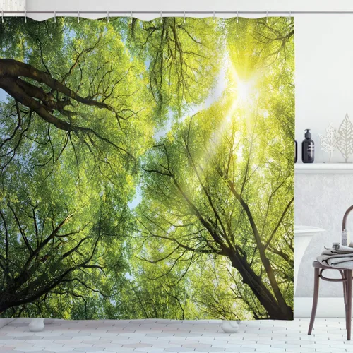 Vista 46 de Ambesonne Decor Collection, juego de cortina con ganchos para regadera Amarillo y marrón