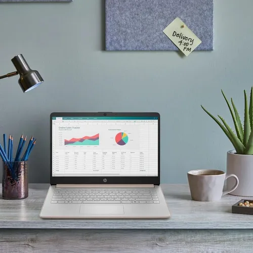 Vista 9 de HP Computadora portátil de 14 pulgadas con Microsoft Office 365, 128 GB UFS, 4 GB de RAM, procesador Intel N150, Windows 11, hogar y oficina, oro
