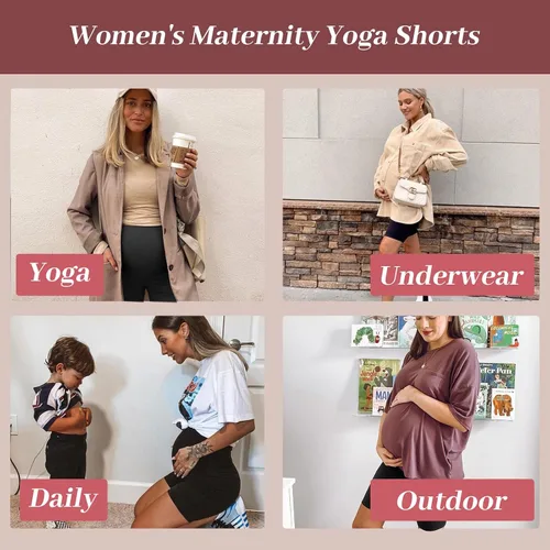 Vista 3 de YOLIX Paquete de 2 pantalones cortos de maternidad sobre el vientre, cintura alta, negro, entrenamiento, 8 pulgadas, pantalones cortos de ciclismo
