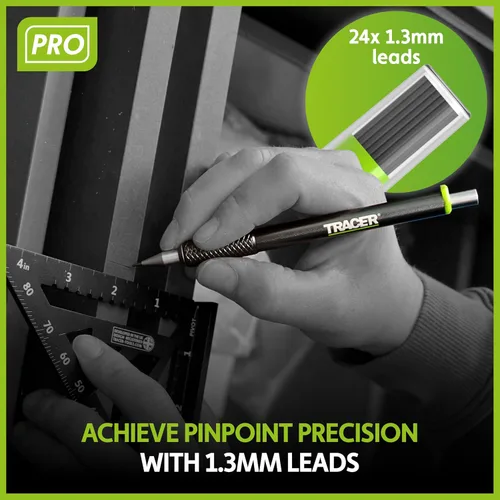 Vista 3 de Tracer Pro Series Lápiz de Precisión con 24 Minas de Repuesto de 1.3mm (0.051 in) y Fundas para Sitio - Kit de Marcado de Precisión de Aluminio