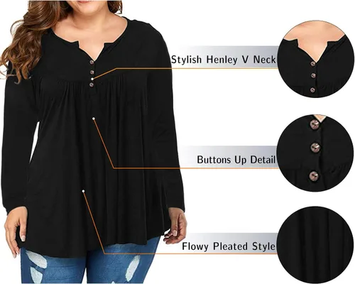Vista 3 de VISLILY - Camisas tipo túnica de mujer, de manga larga, estilo Henley, talla plus, blusas con botones y plisadas 01_ negro