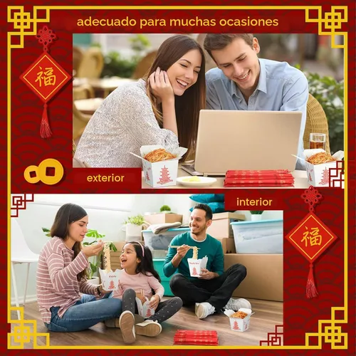 Vista 4 de Sabary 50 juegos de cajas chinas de 8 onzas para llevar con palillos, recipientes de papel de pagoda para alimentos con palillos desechables