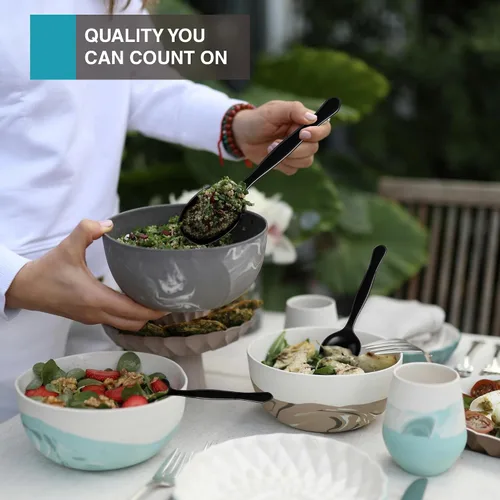 Vista 5 de Cucharas de plástico negro de 8.5 pulgadas para bufé, 36 unidades a granel, cuchara desechable resistente, utensilios de plástico grandes
