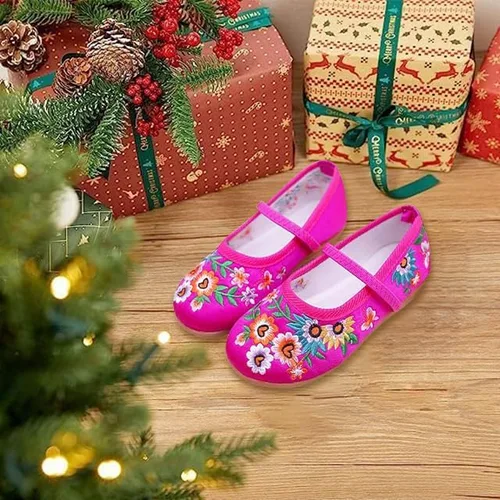 Vista 2 de Encanto Costume Shoes for Girls Gorgeous Mary-Jane Ballet Pumps Comfortable Low Heel Round Toe Flats Floral Embroidery Shoes