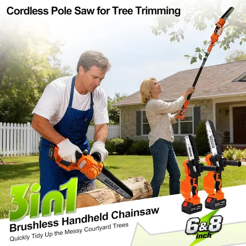 Vista 2 de Sierras de poste eléctricas para poda de árboles de 15 pies, motosierra inalámbrica con batería y cargador, mini motosierra de 6 y 8 pulgadas