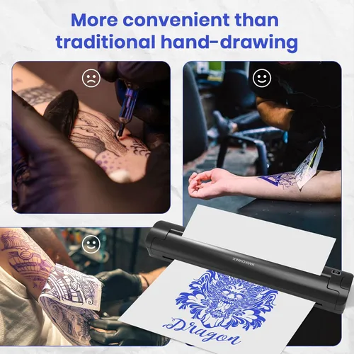 Vista 5 de Impresora de plantillas de tatuajes para artistas de tatuajes y principiantes, con 3 piezas de papel de transferencia de tatuajes y papel plegado