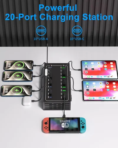 Vista 2 de Estación de carga USB de 580W, estación de carga rápida de 20 puertos para múltiples dispositivos, bloque de cargador USB C PD dual de 45W, entrega