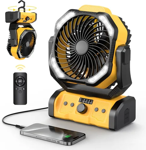Vista 12 de Ventilador Portátil Recargable, 20000mAh Ventiladores Inalámbricos con Batería para Tienda de Campaña con Linterna LED, Pequeño Ventilador Exterior