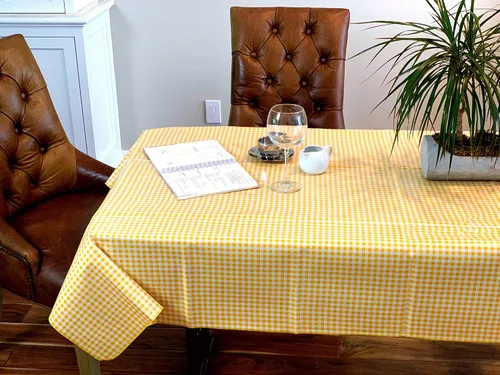 Vista 3 de Alux - Mantel de tela de hule a cuadros, amarillo, vinilo de plástico PVC, mantel de plástico, mantel de hule mexicano (círculo de 55 pulgadas)
