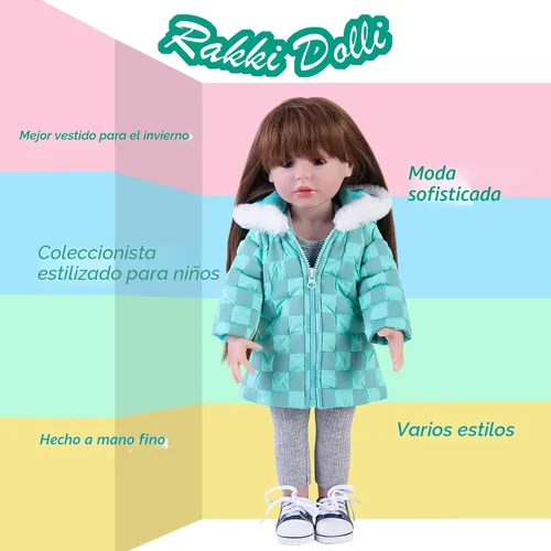 Vista 7 de Rakki Dolli Conjunto de ropa de muñeca de 3 piezas. Conjunto de abrigo grueso con capucha a cuadros azules y grises con manga larga, traje de muñeca