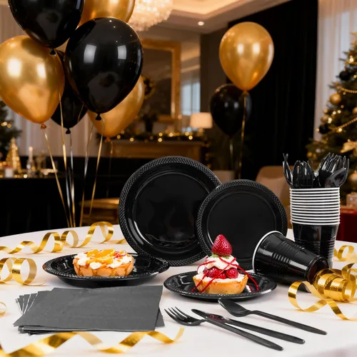 Vista 8 de MirthMood - 350 platos desechables negros, platos negros, suministros de plástico para fiestas, incluye 50 platos llanos, 50 platos de ensalada, 50