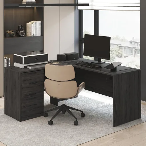 Vista 13 de Furinno Roger 60 Inch Executive Desk with File Cabinet, Home Office Desk with 3-Drawer Fixed Pedestal Filing Cabinet, Desk Cord Grommet, for Home