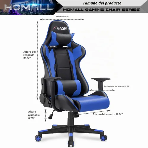 Vista 3 de Homall Silla Gaming, Silla de Oficina Respaldo Alto Silla de Computadora de Cuero Silla de Escritorio Racing Ejecutiva Ergonómica Ajustable Azul