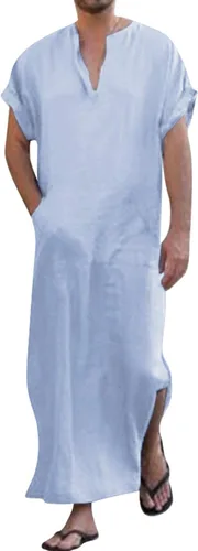 Vista 12 de Jacansi - Bata de cuello en V para hombre, manga corta, división lateral, caftán de algodón, thobe largo, tallas S-3XL Púrpura-gris #1