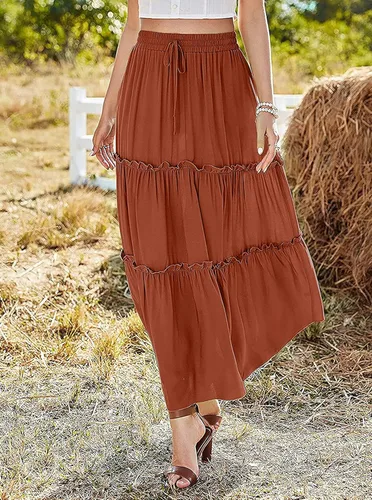 Vista 4 de Avanova Falda larga de cintura alta elástica para mujer, con volantes, estilo casual, con cintura alta