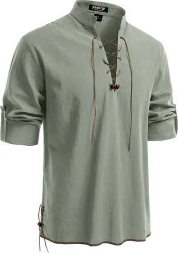 Vista 56 de JEMITOP Men's Pure Cotton Renaissance Lace Up Shirt Verde militar