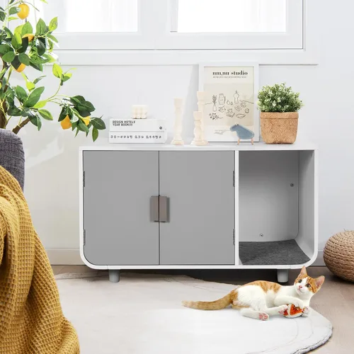 Vista 2 de Tangkula Mueble de caja de arena para gatos, baño oculto para gatos con patas y tapetes de madera de goma, casa interior para gatos