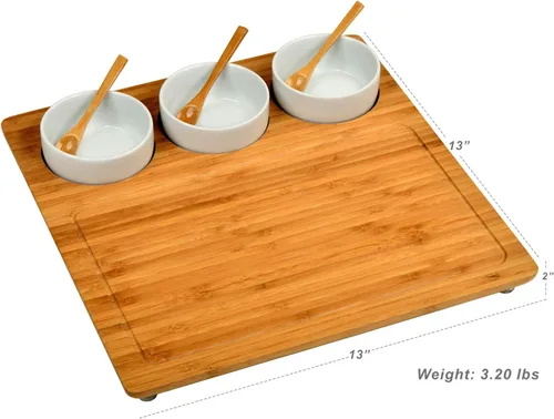 Vista 3 de Picnic at Ascot Tabla de cortar de bambú grabada con monograma original para queso y embutidos con 3 cuencos de cerámica y cucharas de bambú