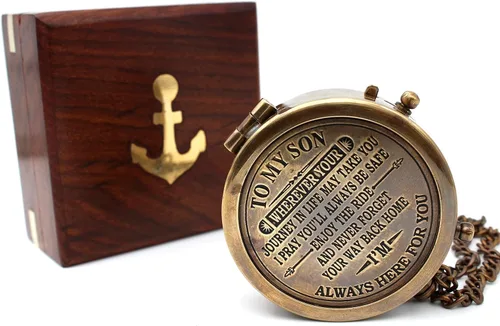 Vista 8 de Brass Compass with Wooden Case Engraved Compass from Mom to Son Graduation Gift, Birthday, Inspirational Travel Keepsake