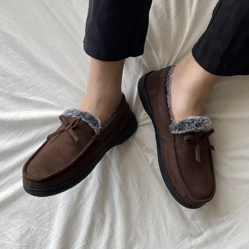 Vista 2 de DL - Pantuflas para hombre de ante con espuma viscoelástica, forro de piel sintética, para interiores y exteriores, suela exterior antideslizante
