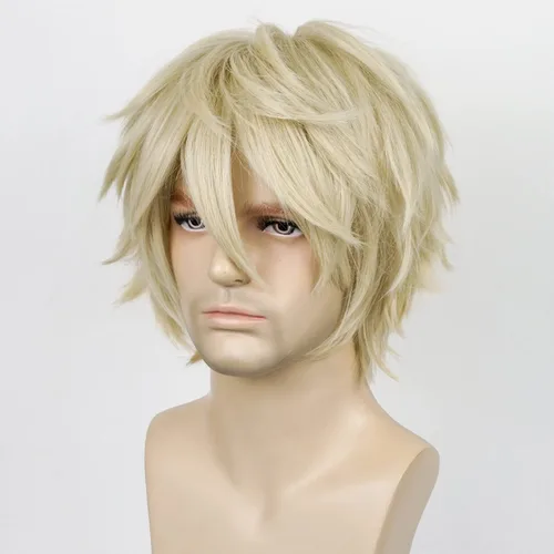 Vista 3 de Peluca corta rubia para hombres y hombres, esponjosa, unisex, rizada, anime, cosplay, peluca para niños, Halloween, fiesta, disfraces, pelucas