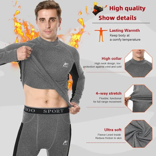 Vista 3 de Men's Fleece Lined Long Johns Base Layer Set Top Bottom for Ski Running Cold Weather