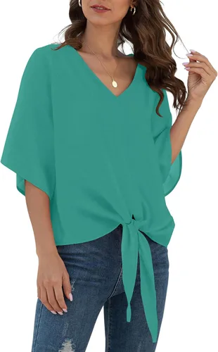 Vista 52 de VIISHOW Womens Tie Front Chiffon Blouses V Neck Batwing Short Sleeve Summer Tops Shirts Albaricoque
