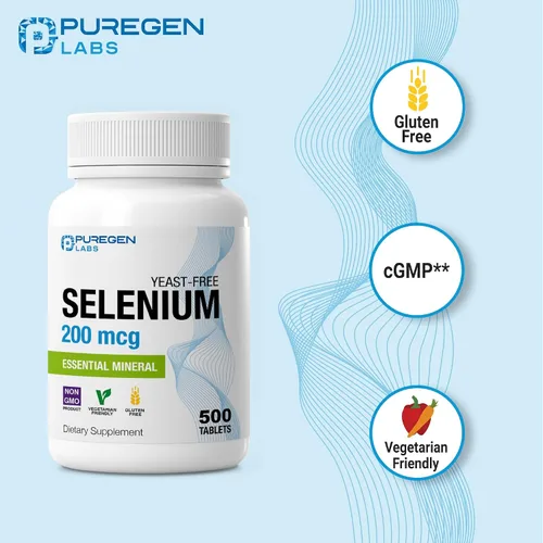 Vista 3 de Puregen Labs Selenio 200 mcg Mineral esencial sin levadura – 500 tabletas vegetarianas Apoyo inmunológico y antioxidante Sin OMG, sin gluten