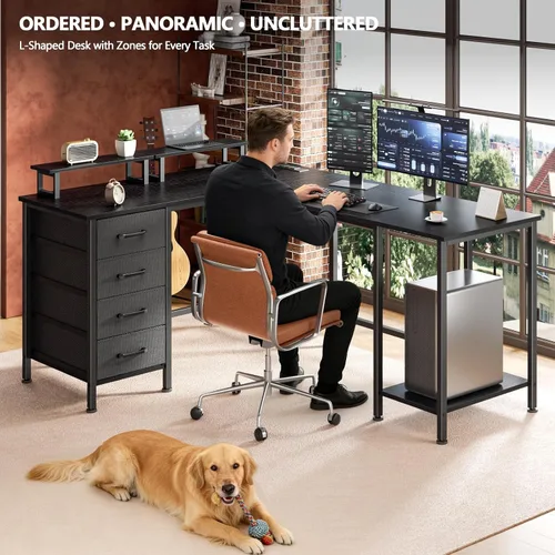Vista 8 de Korfile Escritorio para computadora en forma de L de 59 pulgadas con tomas Negro