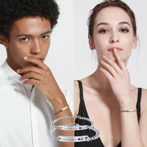 Vista 5 de MeMeDIY Juego de pulseras personalizadas para parejas, grabado personalizado con nombrefecha para hombres, mujeres, novio, novia, acero inoxidable