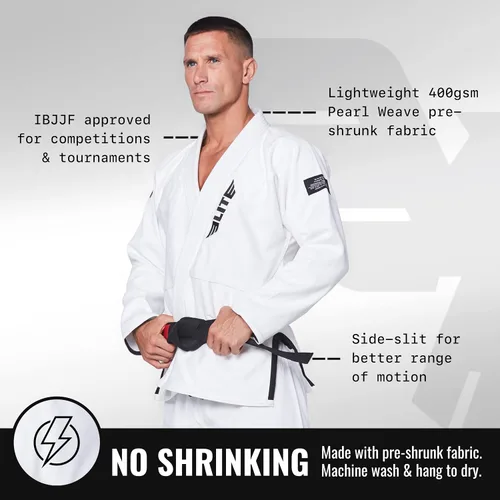 Vista 2 de Elite Sports Kimono para hombres aprobado por la IBJJF Federación Internacional de Jiu Jitsu Brasileño de tela pre-encogida para Jiu Jitsu
