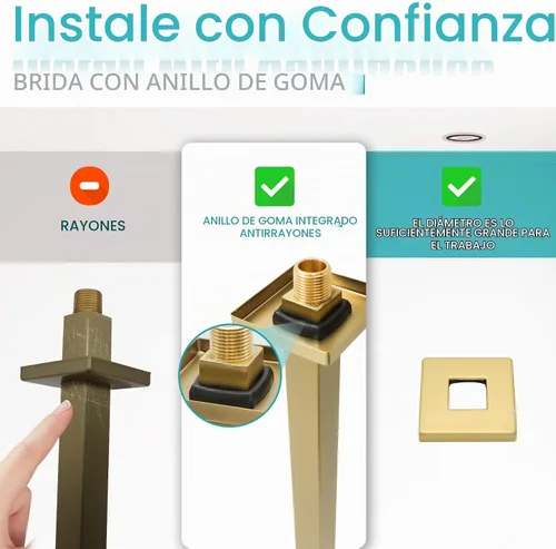 Vista 5 de Brazo de ducha dorado cepillado con brida y cinta de teflón para techo alto o cabezal de ducha fijo de lluvia, conexión universal, tubo de extensión