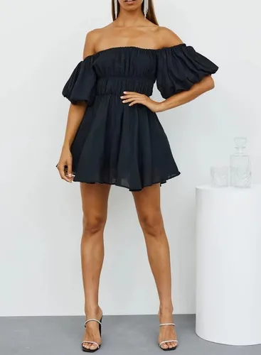 Vista 4 de Dokotoo Vestidos de verano para mujer, con hombros descubiertos, manga corta farol, con volantes, cintura elástica, acampanado, minivestido casual