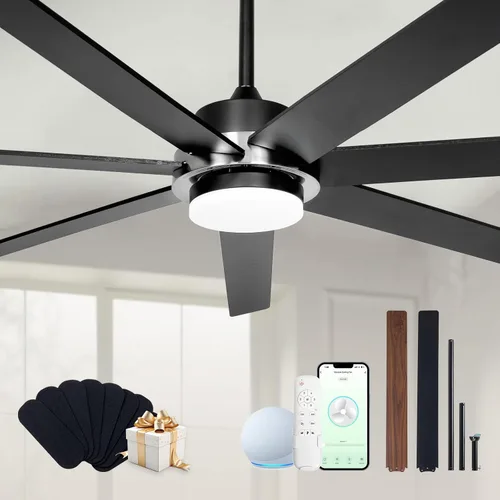 Vista 19 de Minislak Ventilador de techo de 72 pulgadas con luz, ventilador de techo industrial con 8 aspas de aluminio, ventilador inteligente negro dorado