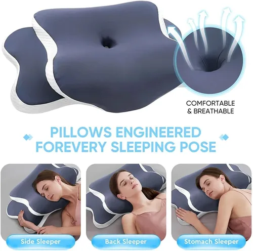 Vista 8 de Almohada de espuma viscoelástica – Almohada cervical para aliviar el dolor de cuello, contorno ortopédico ergonómico para el cuello para dormir Azul
