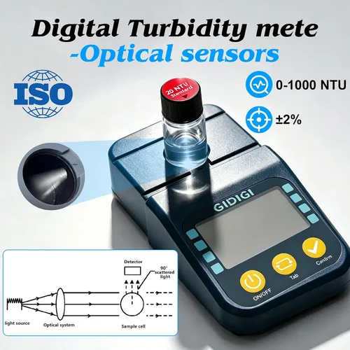 Vista 3 de Portable Lab Turbidity Meter 0-1000NTU with Standard Solution Kits Handheld Turbidimeter, ISO 7027 Compliant Water Quality Meter for Drinking