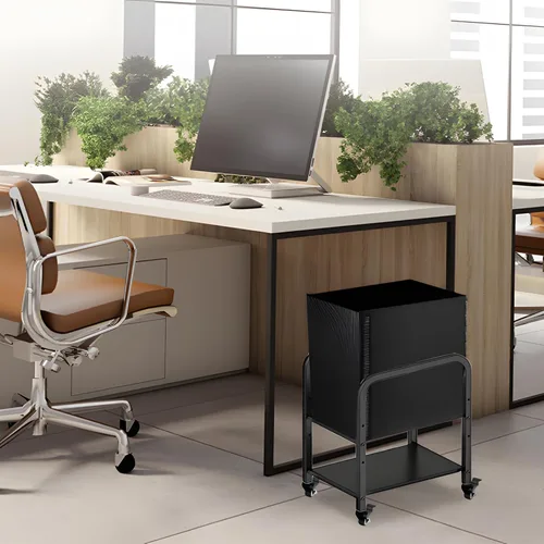 Vista 7 de Soporte de torre para computadora, soporte de piso de PC de altura ajustable de 2 niveles para torre pequeña/media, carrito de metal completo