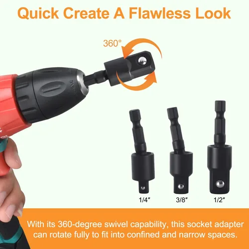 Vista 5 de Kit de extensión de broca flexible, 17 piezas con adaptadores de enchufe giratorios de 360° (1/2" 3/8" 1/4"), accesorios de ángulo recto de 105°
