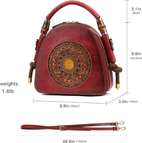 Vista 3 de Bolsos de bolsillo de cuero genuino Zhuoliang para mujer, bolso satchel con asa superior organizador retro, bolso totem de cuero para señoras