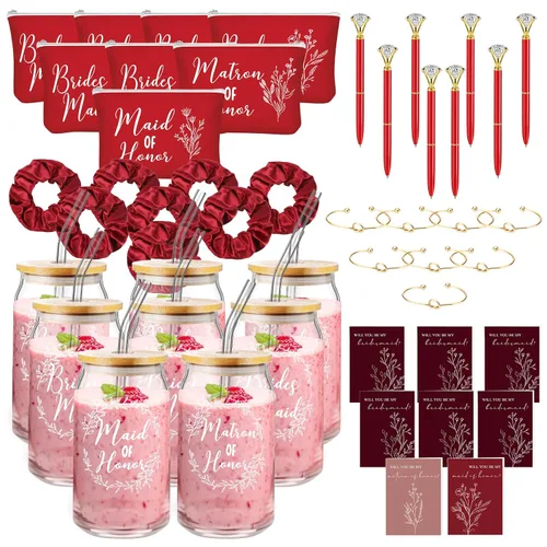 Vista 13 de Irenare Juego de 8 piezas de 48 piezas de regalos de dama de honor, regalos de dama de honor, vasos de vidrio de 16 onzas, bolsas de maquillaje