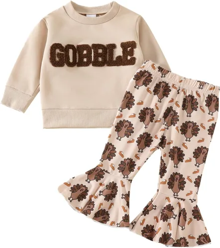 Vista 15 de BemeyourBBs Conjunto de sudadera de manga larga de pavo para niña con pantalones acampanados, ropa de otoño