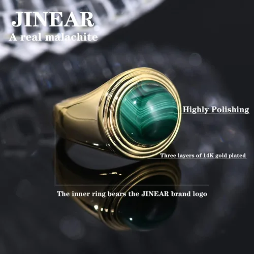Vista 2 de JINEAR 14K Gold Plated Round Malachite Band Ring for Women and Men Green Gemstone Stackable Bulky Thumb Statement Ring
