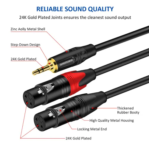 Vista 2 de Cable de conexión de audio estéreo hembra TRS a doble XLR de 0.138 in de 10 pies, macho de 1/8 de pulgada a cable adaptador de divisor en Y hembra