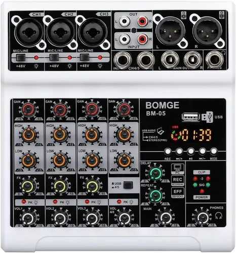Vista 10 de BOMGE Mezclador de audio, consola de mezcla de tablero de sonido con 5 canales digitales USB Bluetooth, efecto de eco y retardo, alimentación