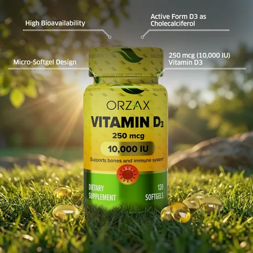 Vista 3 de ORZAX Vitamina D3 10000 iu (250 mcg) - Sin OMG, sin gluten, sin azúcar, sin lácteos - Suministro de 120 días para una función muscular fuerte