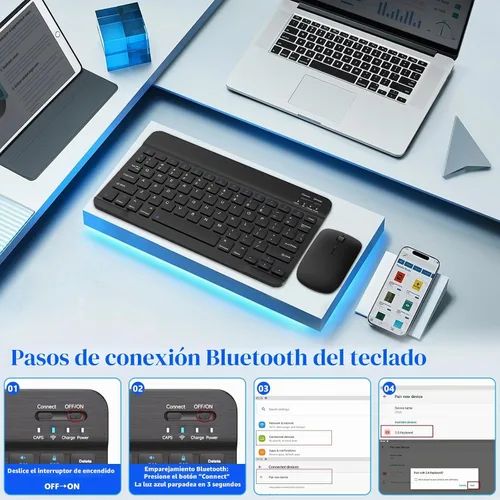Vista 3 de Combo de teclado y mouse Bluetooth, diseño QWERTY, teclado inalámbrico ultradelgado de 10 pulgadas, sin retrasos, teclado silencioso compatible