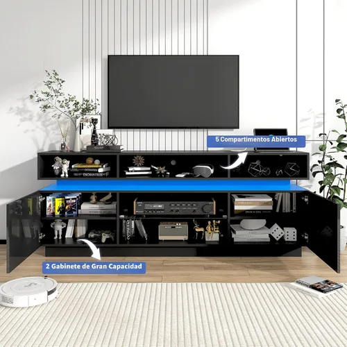 Vista 5 de chartustriable Soporte de TV LED para TV de 80 pulgadas, centro de entretenimiento alto moderno con tomas de corriente, soporte de TV de alto