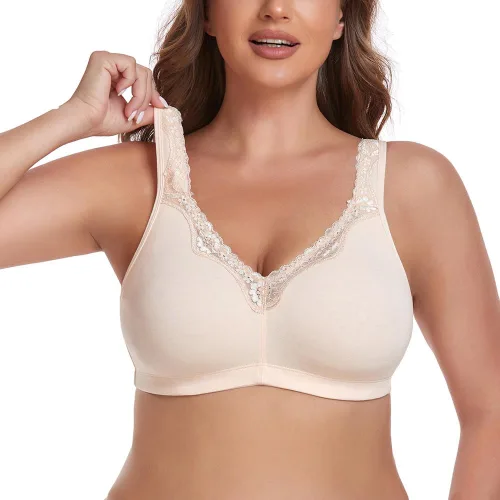 Vista 3 de Brasier de algodón cómodo con encaje y cobertura completa sin forro para mujer, sin forro, sin varillas, para mujer
