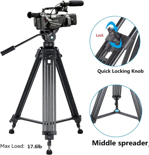Vista 5 de Trípode de video profesional resistente de 62 pulgadas/62.2 in, aluminio Twin Tube, 360 Degree Fluid Head, Mid-Level Spreader, For DSLR Camcorder